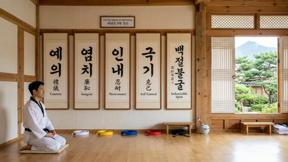 Five Tenets of Taekwondo displayed in Korean calligraphy in a traditional Dojang setting